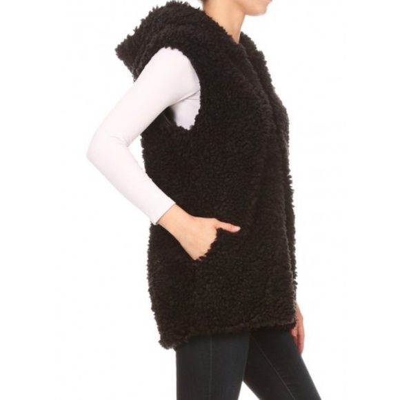 PLUSH TEDDY FAUX FUR ZIP UP HOODIE VEST - Picture 3 of 7